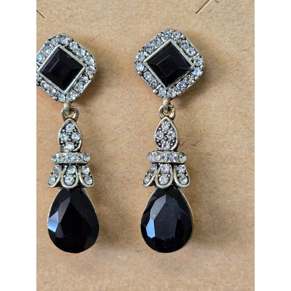 Vintage Black & Crystal Rhinestone Drop Earrings Teardrop Dangle - Picture 3 of 5